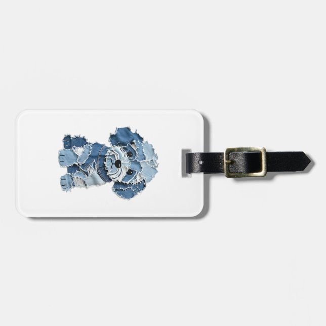 Cute Denim Patchwork Dog Illustration Luggage Tag (Front Horizontal)