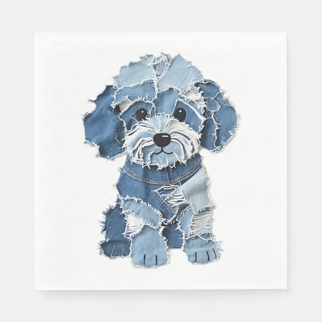 Cute Denim Patchwork Dog Illustration Napkin (Front)