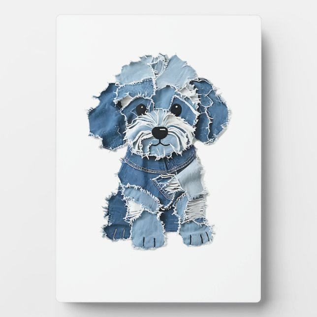 Cute Denim Patchwork Dog Illustration Plaque (Front)