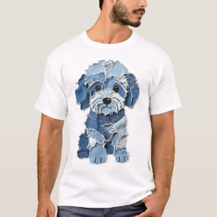 Cute Denim Patchwork Dog Illustration T-Shirt