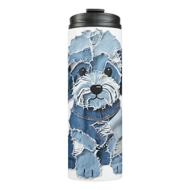 Cute Denim Patchwork Dog Illustration Thermal Tumbler (Front)