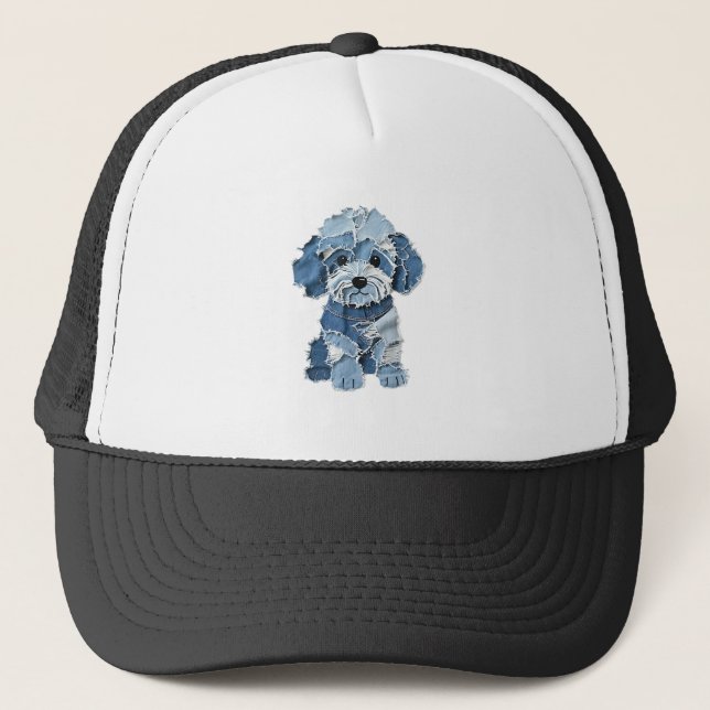 Cute Denim Patchwork Dog Illustration Trucker Hat (Front)