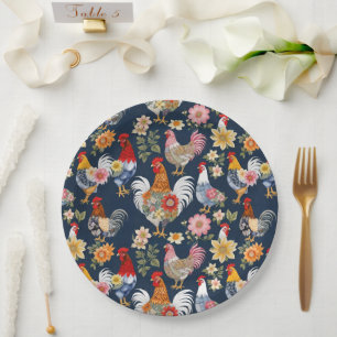 Cute Denim Wearing Floral Collage Farm Chickens Paper Plate