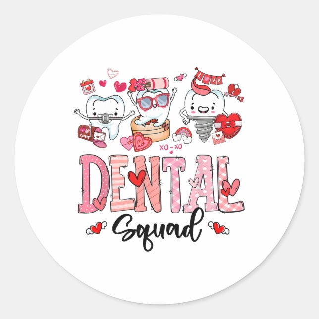 Cute Dental Squad Happy Valentine's Day  Classic Round Sticker (Front)