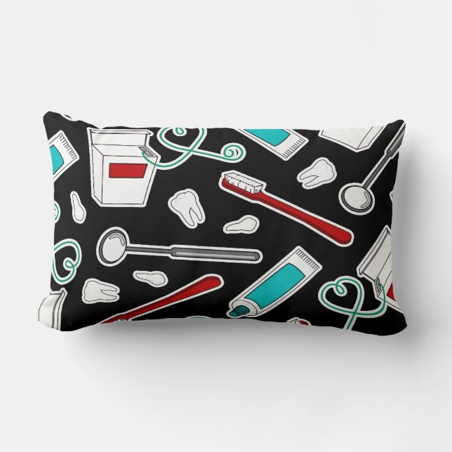 Cute Dentist / Dental Hygienist Print Black Lumbar Cushion (Front)