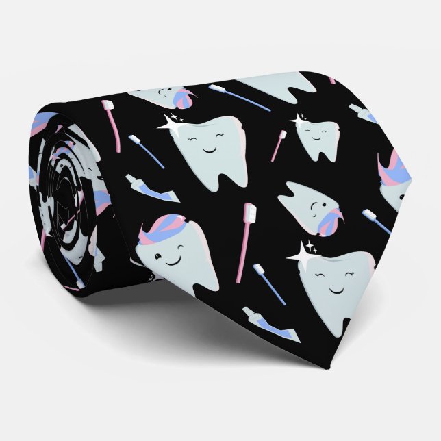 Cute Dentist Dental Hygienist Tooth Pattern Black Tie (Rolled)