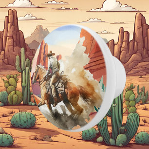 cute desert cactus horse riding cowboy  ceramic knob
