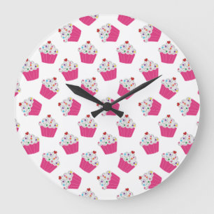 Cute Dessert Bright Pink Cupcake Pattern Large Clock