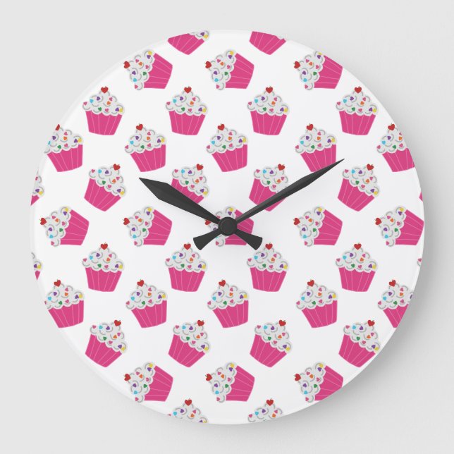 Cute Dessert Bright Pink Cupcake Pattern Large Clock (Front)