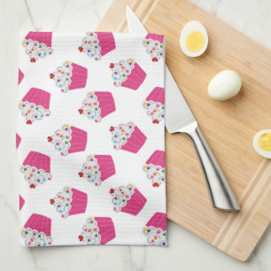 Cute Dessert Bright Pink Cupcake Pattern Tea Towel
