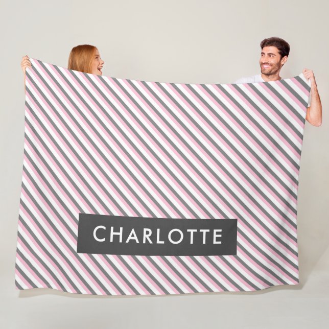 Cute diagonal stripes pattern custom name fleece blanket (In Situ)