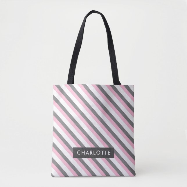 Cute diagonal stripes pattern custom name tote bag (Front)