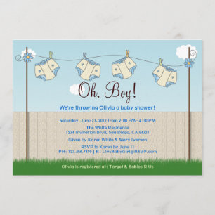 Cute Diaper Clothesline Baby Boy Baby Shower Invitation