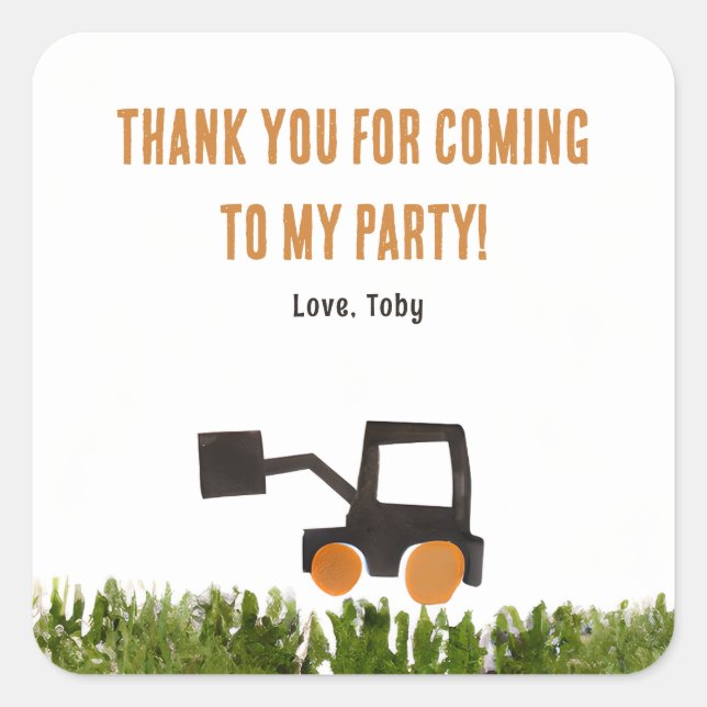 Cute Digger Truck Kids Birthday Party Thank You  Square Sticker (Front)