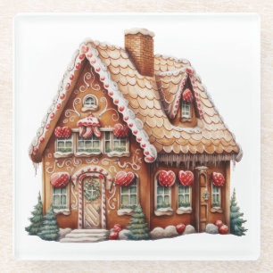 Cute Digital Painting of a Gingerbread House Glass Coaster