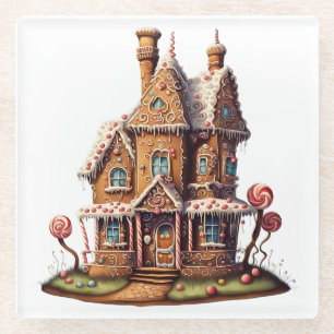 Cute Digital Painting of a Gingerbread House Glass Coaster