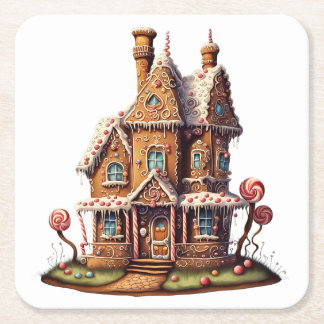Cute Digital Painting of a Gingerbread House Square Paper Coaster