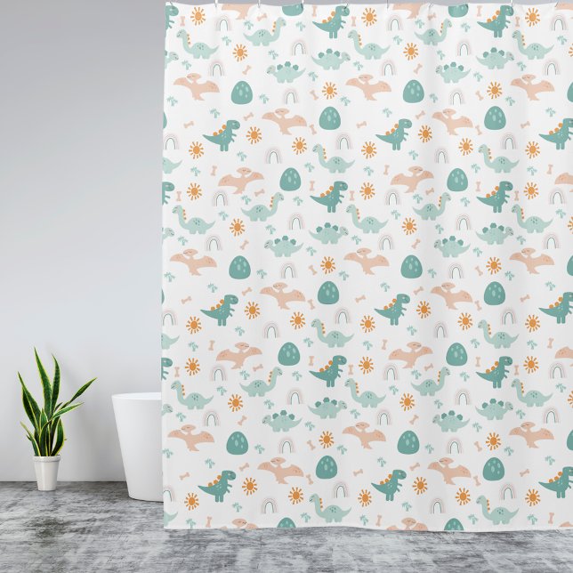 Cute Dino Adventure Pattern kids Bathroom Decor Shower Curtain (Creator Uploaded)