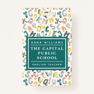 Cute Dino Alphabet Elementary School Teacher Name ID Badge