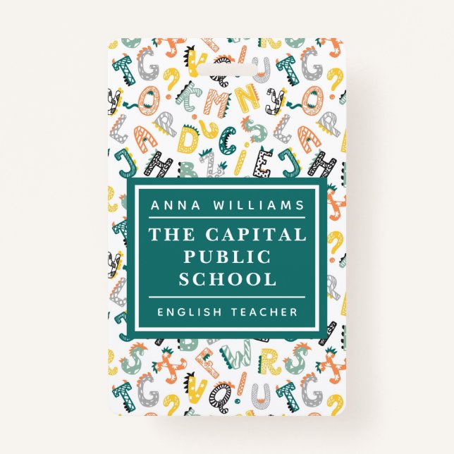 Cute Dino Alphabet Elementary School Teacher Name ID Badge (Front)