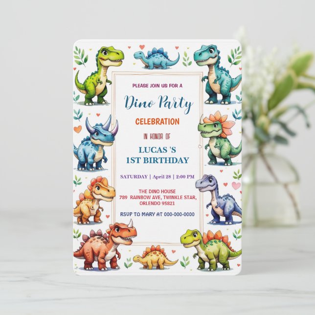 Cute DIno Baby Dinosaurs 1st Birthday party Save T Save The Date (Standing Front)
