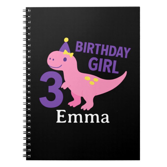 Cute Dino Birthday Girl - 3rd Year Celebration Notebook (Front)