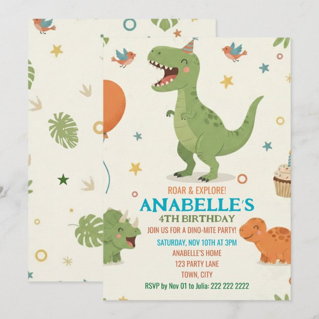 Cute Dino Birthday Party Invitation (Front/Back)