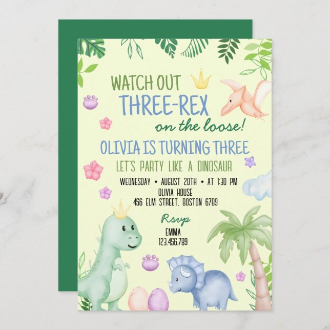 Cute Dino Boy Birthday Party Invitation (Front/Back)