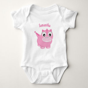 Cute Dino Cartoon Girly Pink Baby Name Bodysuit