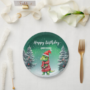 cute Dino Christmas tree birthday boys snow party Paper Plate