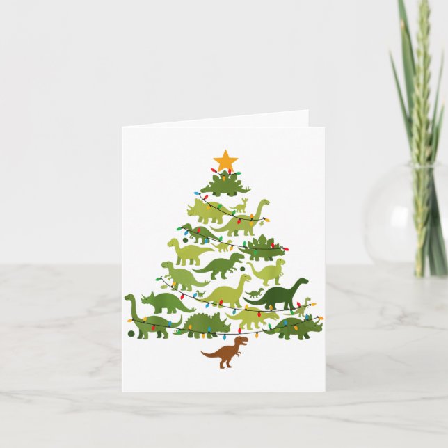 Cute Dino Christmas Tree Merry Dinomas Xmas Lights Card (Front)