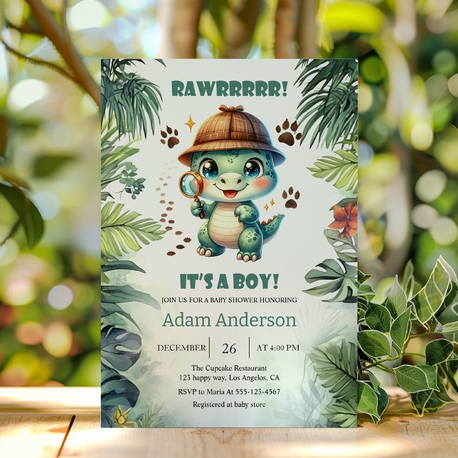 Cute Dino Detective Boy Baby Shower Invitation     (Creator Uploaded)