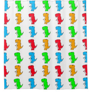 Cute Dino Drawing Pattern On White Shower Curtain