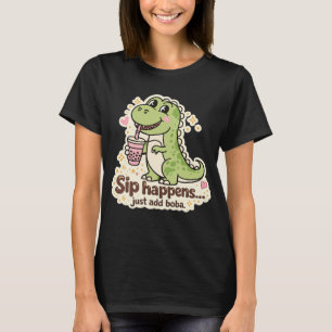 Cute Dino drinking bubble tea, boba tea T-Shirt