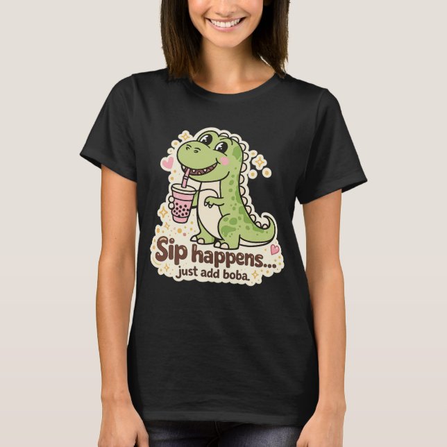 Cute Dino drinking bubble tea, boba tea T-Shirt (Front)