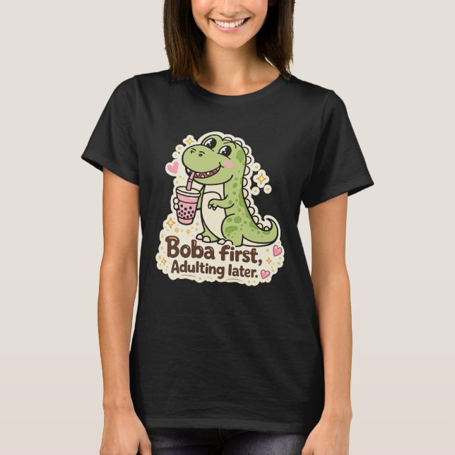 Cute Dino drinking bubble tea, boba tea T-Shirt (Front)