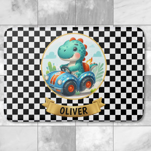 Cute Dino Driving a Race Car Personalised Bath Mat