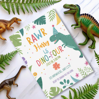 cute dino-four dinosaur boy 4th birthday invitation