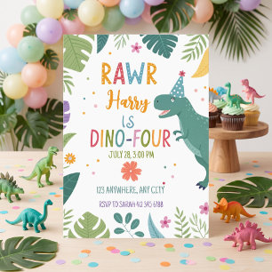 cute dino-four dinosaur boy 4th birthday invitation