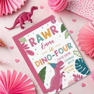  Cute Dino-Four Pink Dinosaur Girl 4th Birthday Invitation