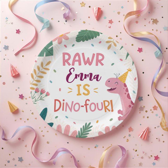 Cute Dino-Four Pink Dinosaur Girl 4th Birthday Paper Plate (Creator Uploaded)