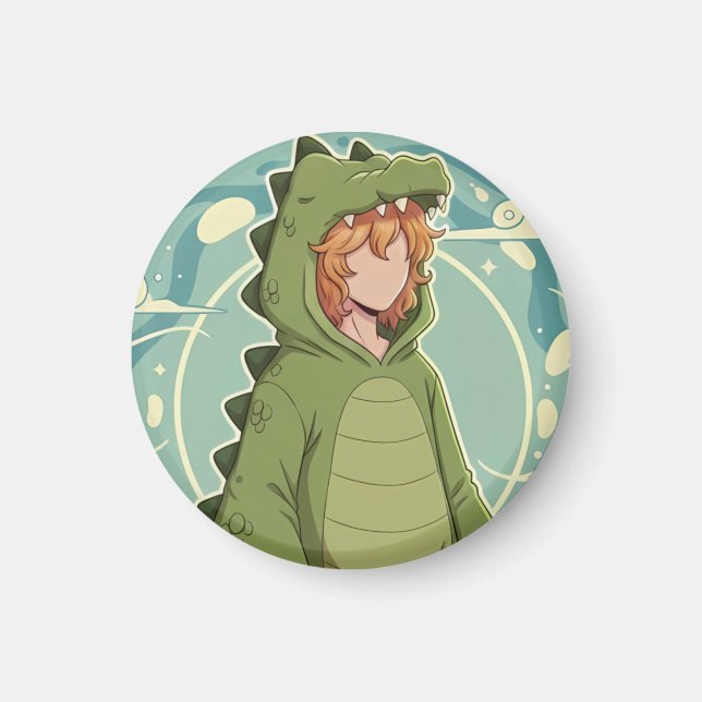Cute Dino Friend Anime Boy - Green Dinosaur Magnet (Front)