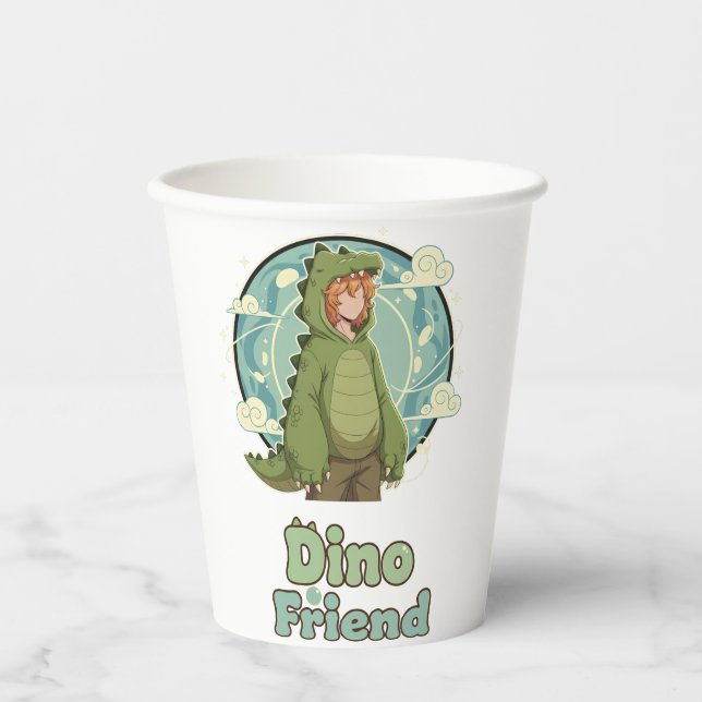Cute Dino Friend Anime Boy - Green Dinosaur Paper Cups (Front)