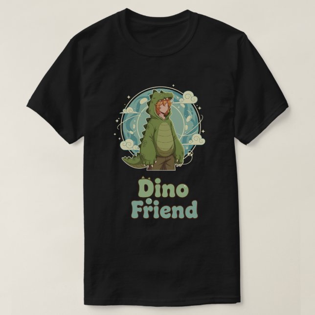 Cute Dino Friend Anime Boy - Green Dinosaur T-Shirt (Design Front)