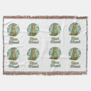 Cute Dino Friend Anime Boy - Green Dinosaur Throw Blanket