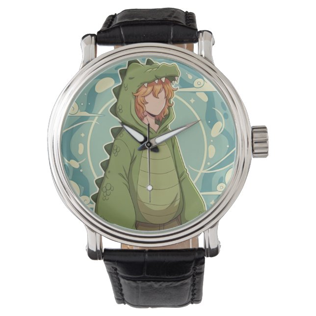 Cute Dino Friend Anime Boy - Green Dinosaur Watch (Front)