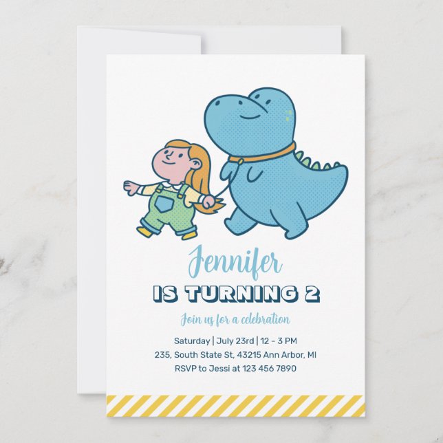 Cute Dino Friend Dinosaur Girls Birthday Invitation (Front)