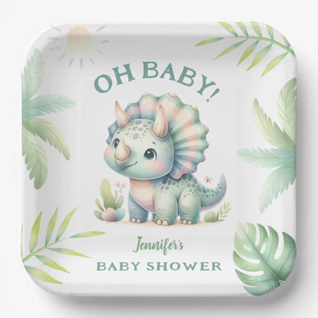 Cute Dino Jungle Triceratops Dinosaur Baby Shower Paper Plate (Front)