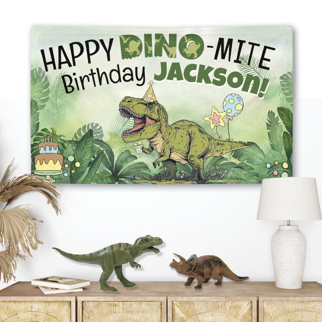 Cute Dino-Mite Kids Name Dinosaur Birthday Party Banner (Cute Jurassic T-Rex Cartoon Dinosaur Theme Boy Birthday Party Banner, Happy Dino-Mite Birthday Name )