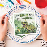 Cute Dino-Mite Kids Name Dinosaur Birthday Party Napkin<br><div class="desc">These super cute 3.5x5 ft. cartoon t-rex Happy Dino-mite Birthday Party Napkins, with personalised birthday boy / girl name, is the perfect table decoration for your little one's dinosaur Jurassic theme birthday party! Designed to match kid's birthday party invitations, banner, birthday year t-shirts, and other party decorations, these napkins will...</div>
